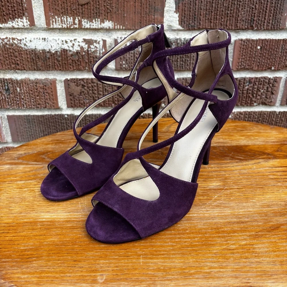 Michael Michael Kors Women’s 8.5 Chantelle Heel Stiletto Purple Velour Sandals - Picture 4 of 12